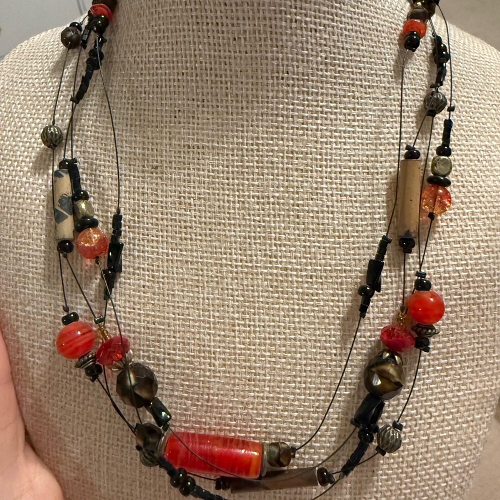 Chicos Multi Strand Beaded Statement Necklace Orange Black Bronze Boho Layered